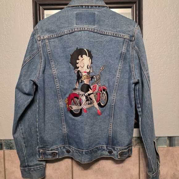 Vintage Betty Boop Denim Jacket Medium Betty Biker Embroidered - Picture 1 of 10
